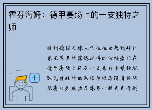 霍芬海姆：德甲赛场上的一支独特之师