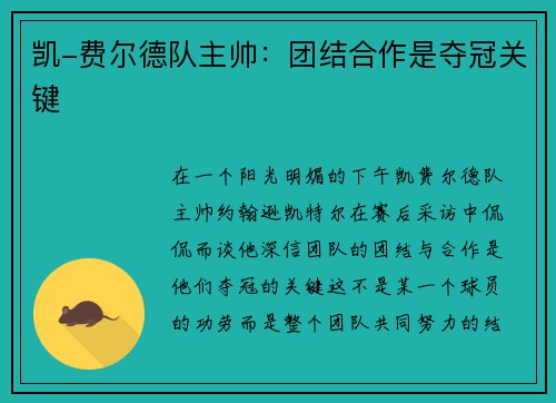 凯-费尔德队主帅：团结合作是夺冠关键
