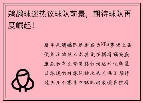 鹈鹕球迷热议球队前景，期待球队再度崛起！